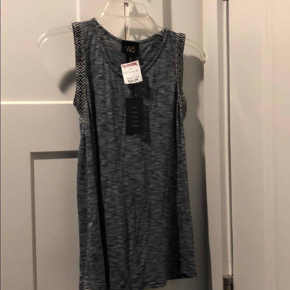 Gray/white striped tank top with tribal print